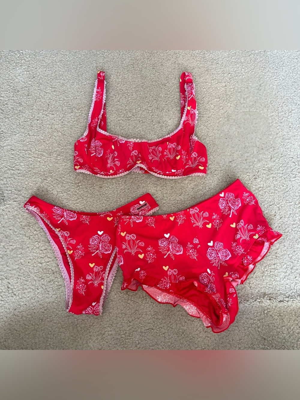RARE Blackbough Red Floral Three-Piece Bikini Set